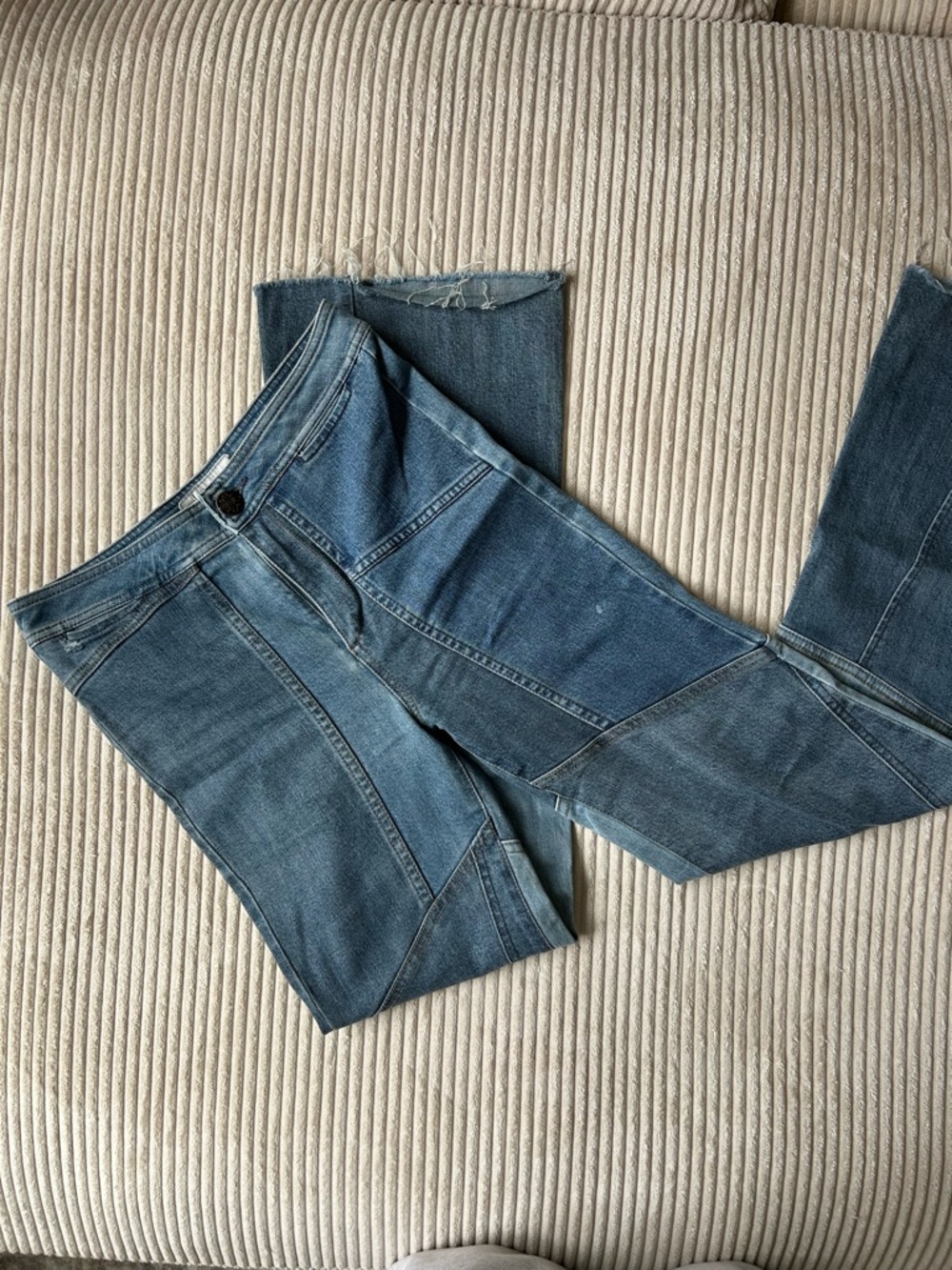 Free People Two-Tone Blue Patchwork Flare Jeans